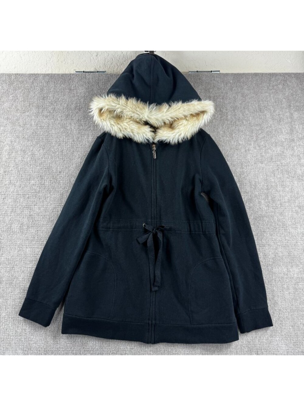Victorias Secret Plush Lush Jacket M Black Faux Fur Hood Zip Cardigan 90s Y2K